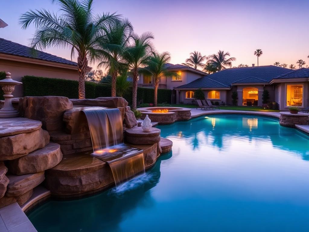 Backyard pool with stone waterfall feature