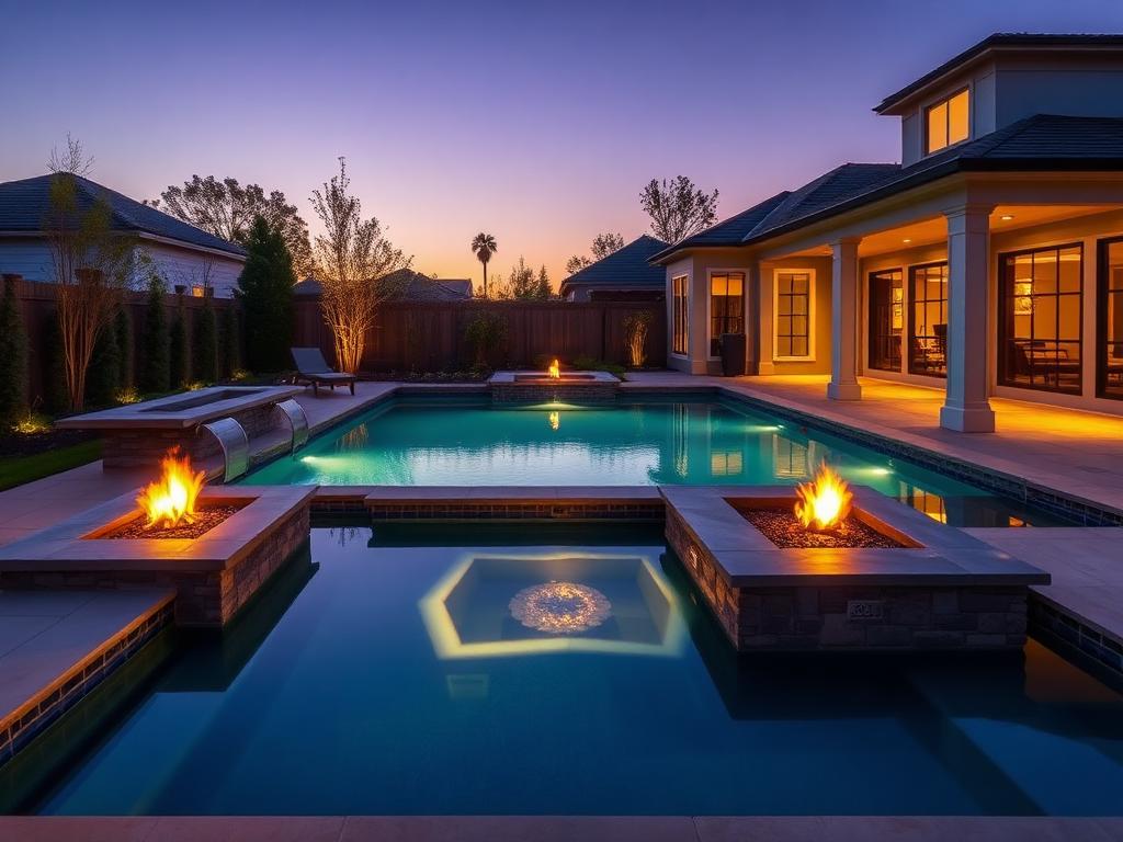 Modern geometric pool with raised spa and fire bowls