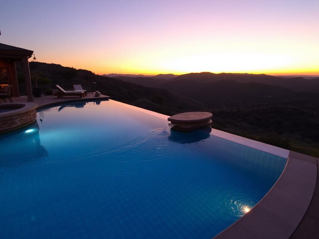 Infinity edge pool overlooking hills at sunset