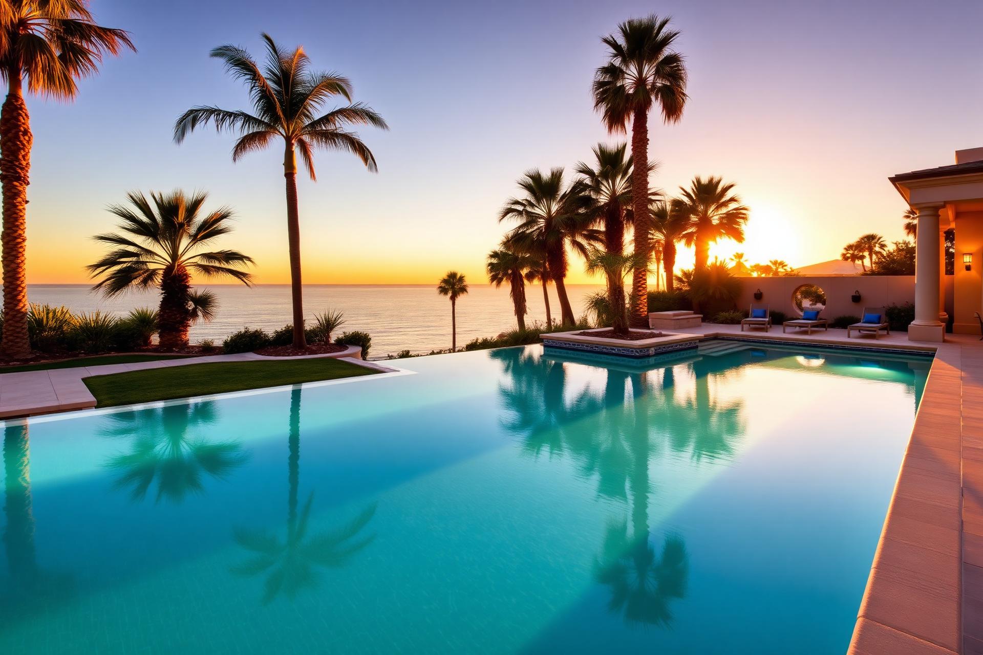 Luxury infinity pool at sunset designed by California Oasis Pools and Spas